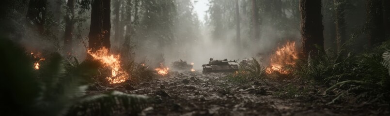 Fototapeta premium Historic world war ii battlefield in misty dense forest landscape