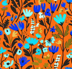 Vibrant seamless floral pattern with colorful flowers, leaves and berries on a neon background. Perfect for textiles, wallpapers and digital projects. Botanical elegance in a uniform style.