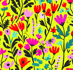 Vibrant seamless floral pattern with colorful flowers, leaves and berries on a neon background. Perfect for textiles, wallpapers and digital projects. Botanical elegance in a uniform style.