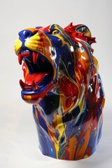 Escultura cabeza de león multicolor, escultura león rugiendo aislada