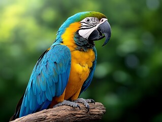Fototapeta premium A blue and yellow parrot sitting on a tree branch