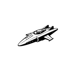 Futuristic minimalist spaceship illustration on a white background, monochrome.