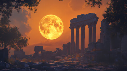 Full moon rising behind ancient ruins at twilight. Lunar Ruins. Illustration