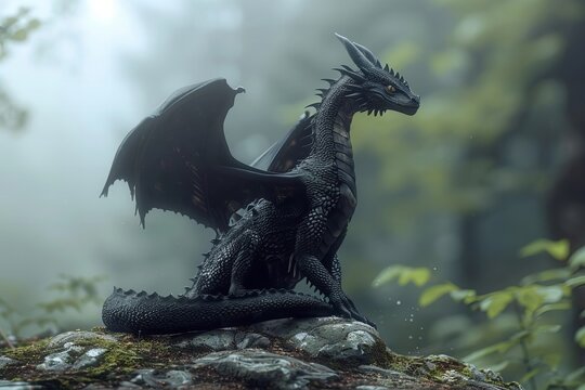 Title: The Mysterious Encounter: An Enigmatic Black Dragon Emerges from the Shadows of a Misty Forest