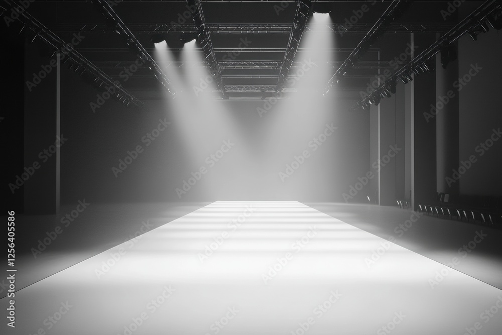 Poster Monochromatic runway featuring clean lines and soft lighting in a minimalist design for fashion events or shows. Generative AI