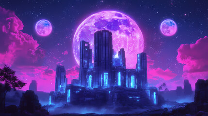 Fototapeta premium Futuristic lunar ruins glowing with neon reflections under a mesmerizing cosmic sky for use in digital art projects or games. Lunar Ruins. Illustration