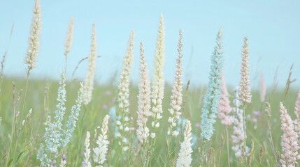 Fototapeta premium Pastel wildflowers meadow, summer day, nature background, idyllic scene, calming image