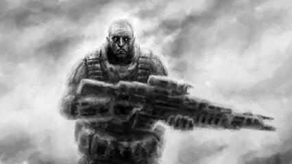 Space soldier in suit runs through a burning field. Science fiction original character. Battle on alien planet. Coal and noise effect. Black and white background.