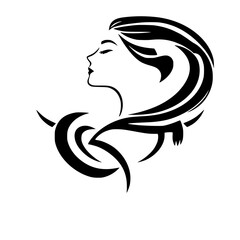 Modern art of a woman's profile in a simple yet elegant black and white design, with a focus on the hair and a unique tribal-inspired necklace.