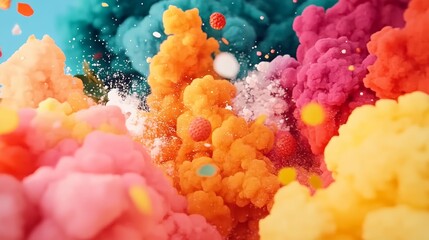 Vibrant explosion of colorful paint clouds, creating a dreamy and surreal scene.  Sweet candy-like orbs add a playful touch.