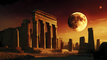 Fototapeta premium Majestic lunar eclipse over ancient ruins during a clear night sky in egypt. Lunar Ruins. Illustration