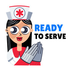 A flat sticker of a cute nurse with ready to serve typography 