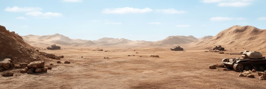 World war ii desert battlefield scene with tanks and abandoned equipment