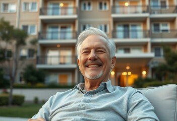 Happy elder person portrait with apartment building background