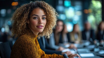 A poised woman in a stylish sweater, actively participating in a meeting, showcasing determination and focus while surrounded by engaged colleagues and data visuals.