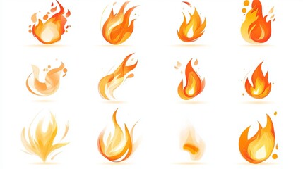 A set of fire icons featuring symbols and signs in a vector illustration style. Designed as elements for graphic and digital projects.