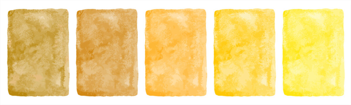 Yellow watercolor hand drawn backgrounds vector set, collection.  Honey lemon mustard ochre gold dark light yellow. A4 watercolour textures with aquarelle stains. Painted rectangle templates bundle