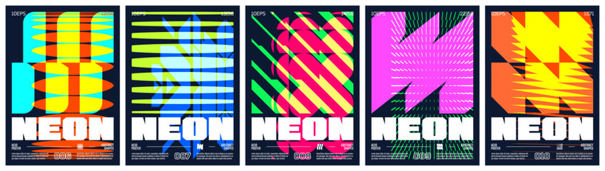 Rave acid art colorful trendy poster, abstract geometric composition graphic in overlap glitch aesthetics, vector simple shapes print artwork modernism and minimalistic brutal style A4 format set 2 © max_776