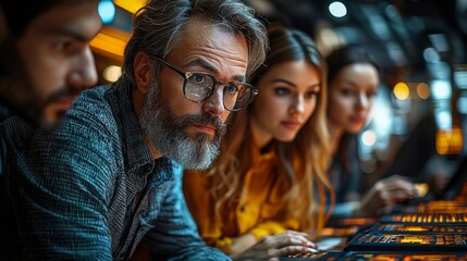 A thoughtful man observes a dynamic digital interface showcasing data in an engaging business environment, highlighting strategic thinking and digital analytics.