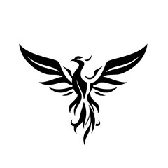 Black Phoenix Silhouette Rising: Mythic Bird Soaring Against White Background