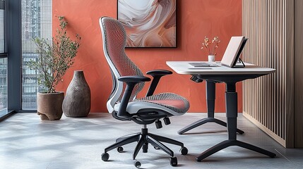 Modern ergonomic office chair in a stylish workspace with vibrant orange wall and plants