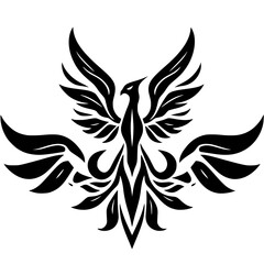 Majestic stylized Phoenix, a symmetrical black-and-white illustration, perfect for branding.
