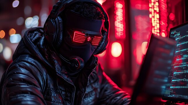 Cyberpunk Hacker Coding with Glowing Glasses in a Neon Cityscape