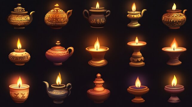 A collection of vector illustrations featuring traditional oil lamps. These lamps, crafted from clay or metal, are filled with ghee and lit with a cotton wick. 