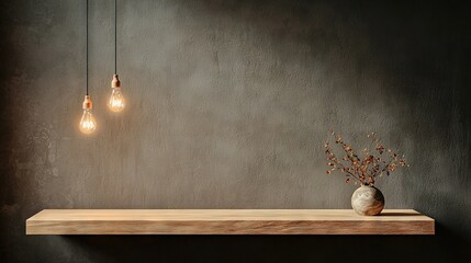   A wooden table with a vase of flowers and two hanging light bulbs on its ceiling