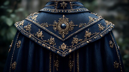 Ornate Royal Cloak with Gold Embroidery Detail Against Natural Backdrop