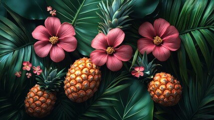 Fototapeta premium A colorful display showcases fresh pineapples surrounded by radiant pink flowers and tropical leaves. This lively composition captures a vibrant and exotic atmosphere