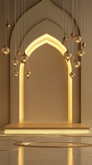 Naklejka premium Elegant Interior Design Featuring Intricate Archway and Soft Gold Ornaments with Illuminated Background for Eid Mubarak and Ramadan Kareem Celebrations with Generous Copy Space