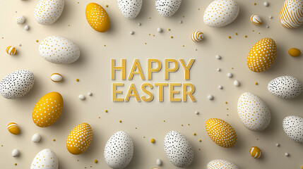 Happy Easter greeting with decorative golden and white eggs on elegant beige background, festive holiday celebration design with stylish speckled egg arrangement for seasonal decoration