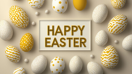 Happy Easter greeting with decorative golden and white eggs on elegant beige background, festive holiday celebration design with stylish speckled egg arrangement for seasonal decoration