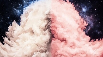Obraz premium Abstract cosmic cloudscape in dreamy pastel hues. A swirling blend of cream and rose pink against a dark, starry backdrop.