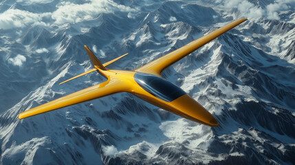 Obraz premium Vibrant Sleek Yellow Glider Soaring Gracefully Above Snowy Mountain Peaks, Inspiring Adventurous Aerial Exploration Photography