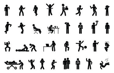 icon people in different situations, set of human figures, stick figure person pictogram, man, woman 
