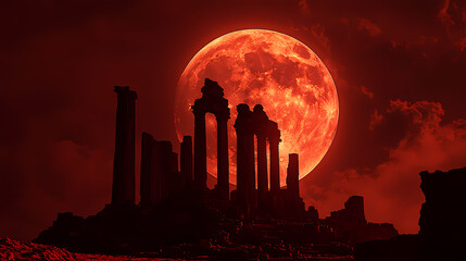 A dramatic silhouette of an ancient ruin against the backdrop of a blood moon, with an ethereal red glow surrounding it.blood moon.bloody moon.full red moon. Lunar Ruins. Illustration