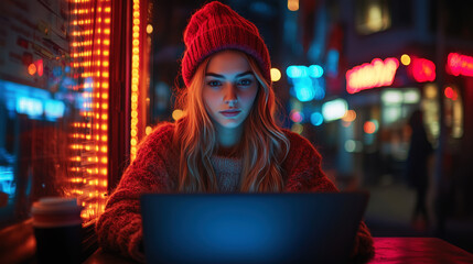 Obraz premium Freelancer woman working at night in urban cafe with laptop