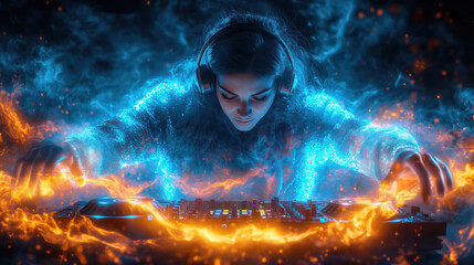 Female dj playing music with fire and ice effects