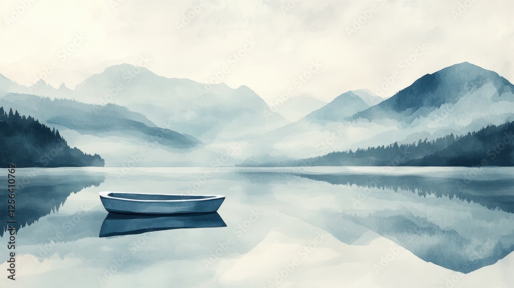Poster serene watercolor illustration of a single rowboat floating on a tranquil mountain lake surrounded b