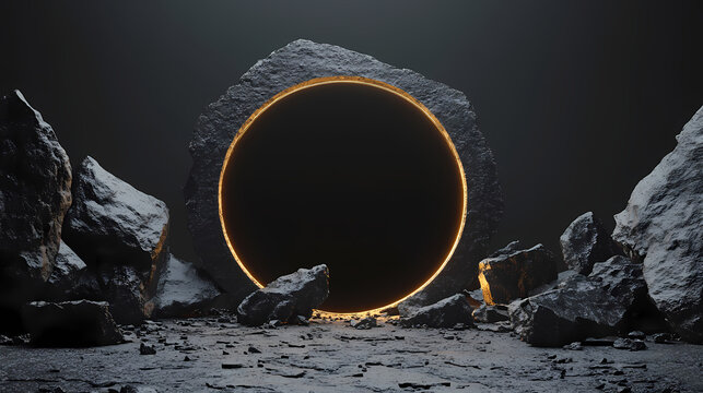 Abstract backgroun with black cobblestone ruins broken rocks roun frame an golden nuggets modern minimal showcase scene with blank space for product presentation. Lunar Ruins. Illustration