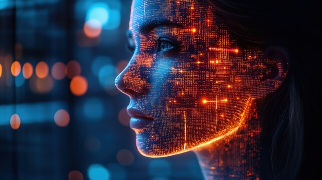 Woman showing futuristic digital binary code face projection