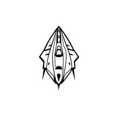 Abstract Black and White Futuristic Spacecraft Design with Geometric Lines on White Background