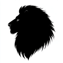 Silhouette of a majestic lion with a mane flowing in the wind on a white background.