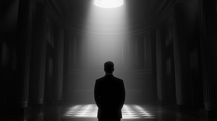 Black and white monochromatic man in a suit stands in a grand hall under a dramatic skylight, evoking mystery, judgment, and authority.