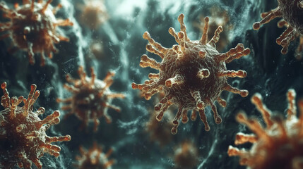 Fototapeta premium Microscopic view of coronavirus cells multiplying and spreading infection