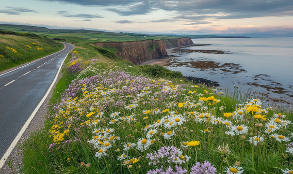 Vibrant coastal road winding gracefully through a sea of wildflowers, exuding dramatic natural charm timelessly