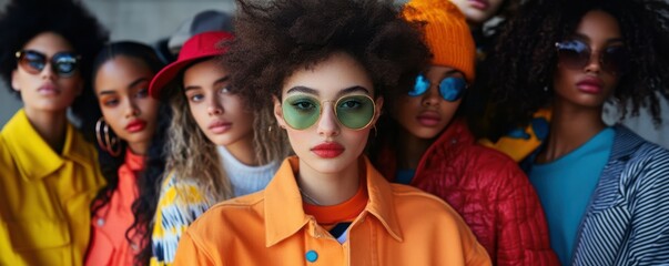 Fototapeta premium Fashionable diverse women in bright urban street style
