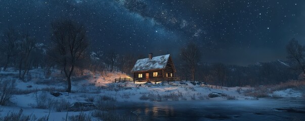 Cozy cabin under starry night sky in snowy winter landscape